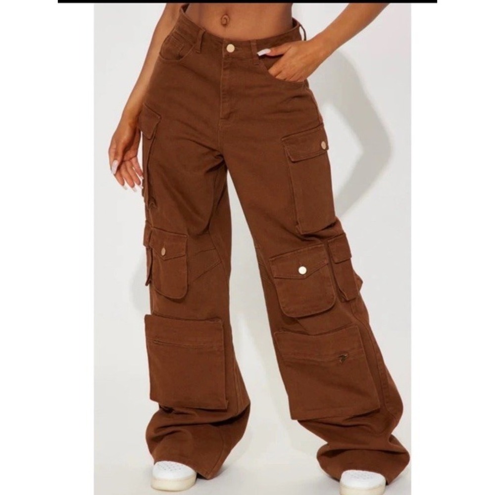 Fashion Nova Wide Leg High Rise Cargo Jeans Brown 14 Oversized Y2K Baggy Skate